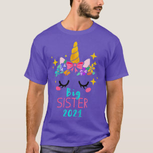 Camiseta Kids Big Sister 2021 Unicorn Face Baby Gift Sister