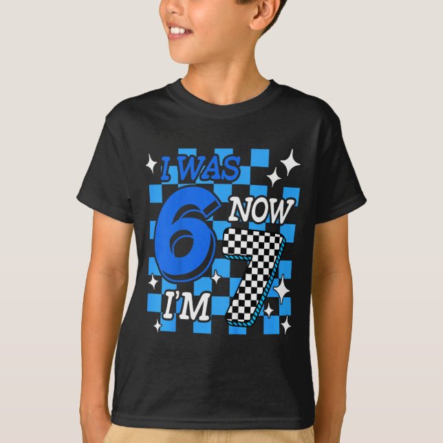 Camiseta Kids Blue Checkered I Was 6 Now I'm 7 Birthday Boy (Frente)