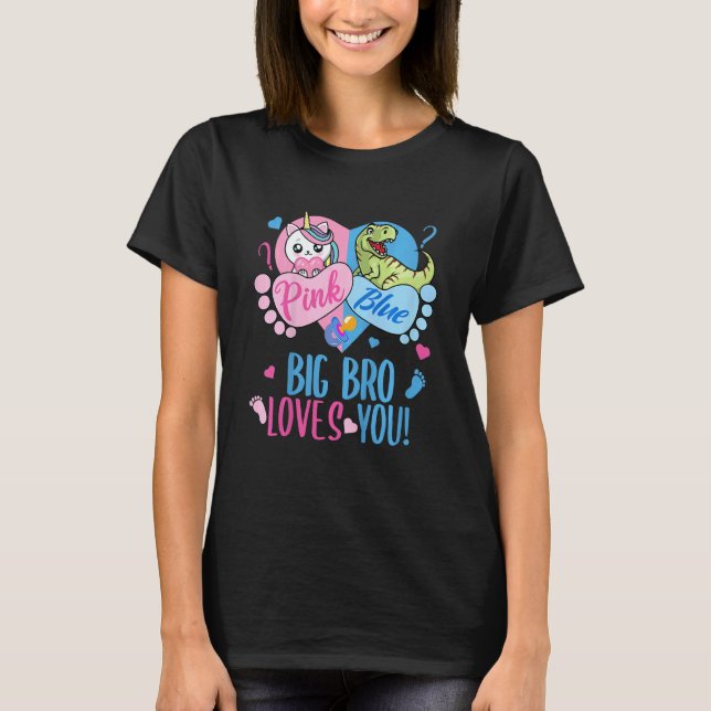 Camiseta Kids Cute Pink or Blue BIG BRO Loves You Dinosaur  (Frente)