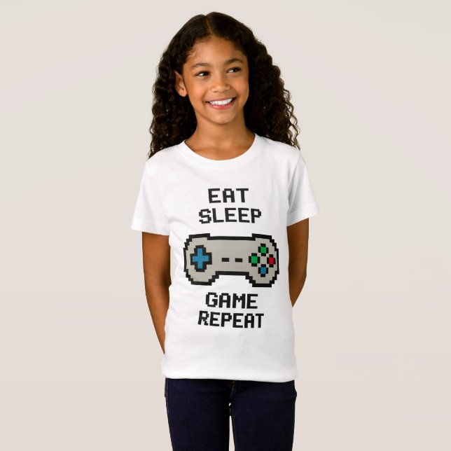 Camiseta Kids Gamer T-Shirt – Eat Sleep Game Repeat (Frente Completa)