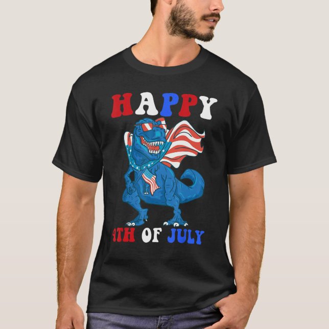 Camiseta Kids Happy 4th Of July Dinosaur Girls Boys America (Frente)