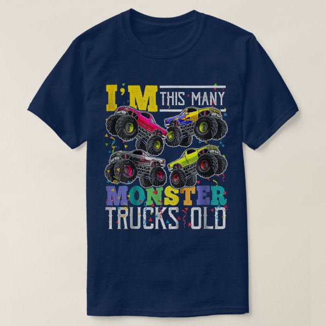 Camiseta Kids I'm This Many Monster Trucks Old 4th Birthday (Frente do Design)
