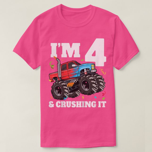 Camiseta Kids Monster Truck 4th Birthday Boy 4 Four Year Ol (Frente do Design)