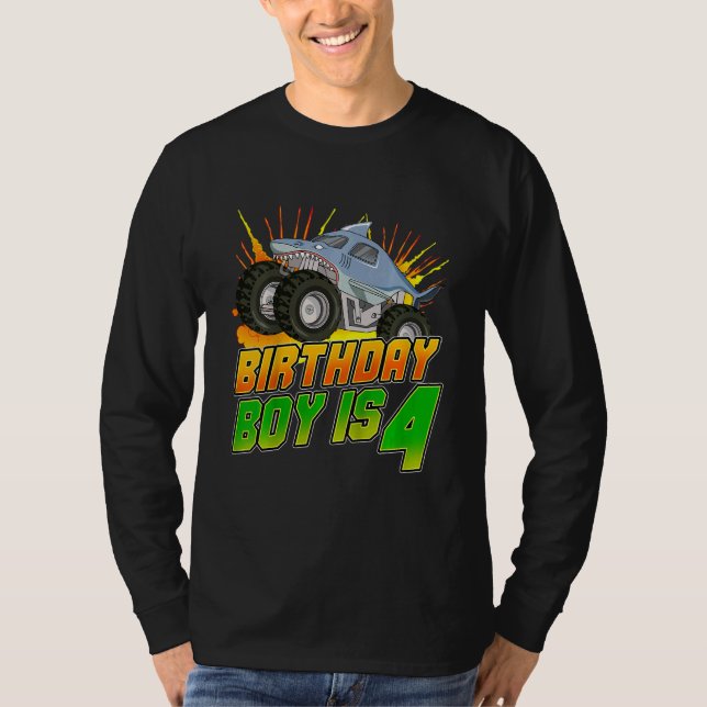 Camiseta Kids Monster Truck Birthday Boy Is 4 Kids 4th Birt (Frente)
