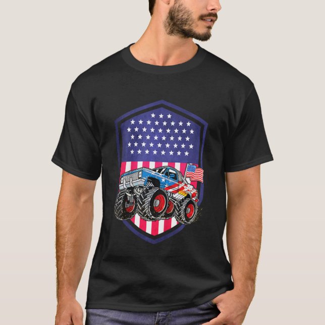 Camiseta Kids Monster Truck EUA Flag Patriotic Boys Toddler (Frente)
