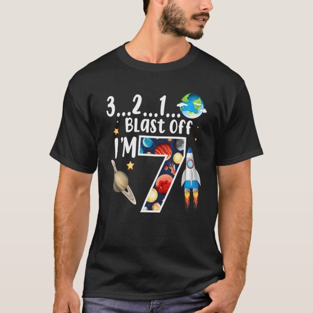 Camiseta Kids Outer Space Blast Off 7 Years Old Birthday Bo (Frente)