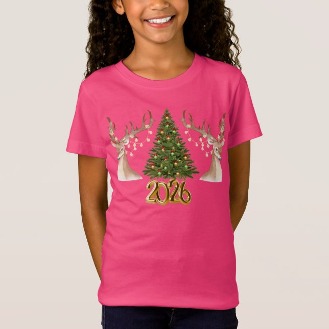 Camiseta Kids Pink 2026 Reindeer Christmas T-Shirt (Frente)