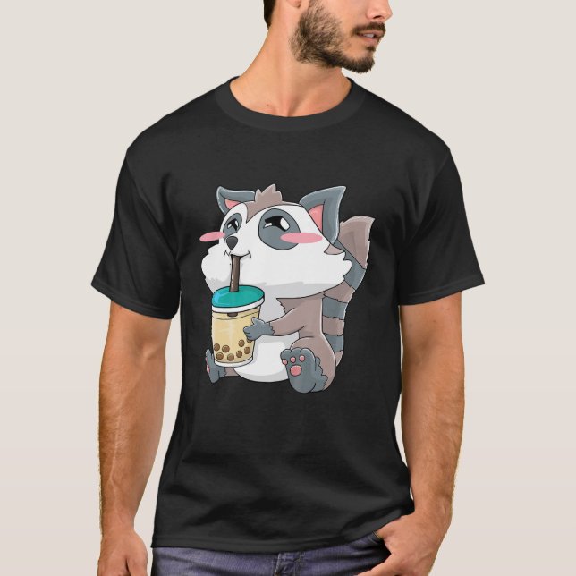 Camiseta Kids Raccoon Bubble Tea Boba Drink Kawaii Cute Gif (Frente)