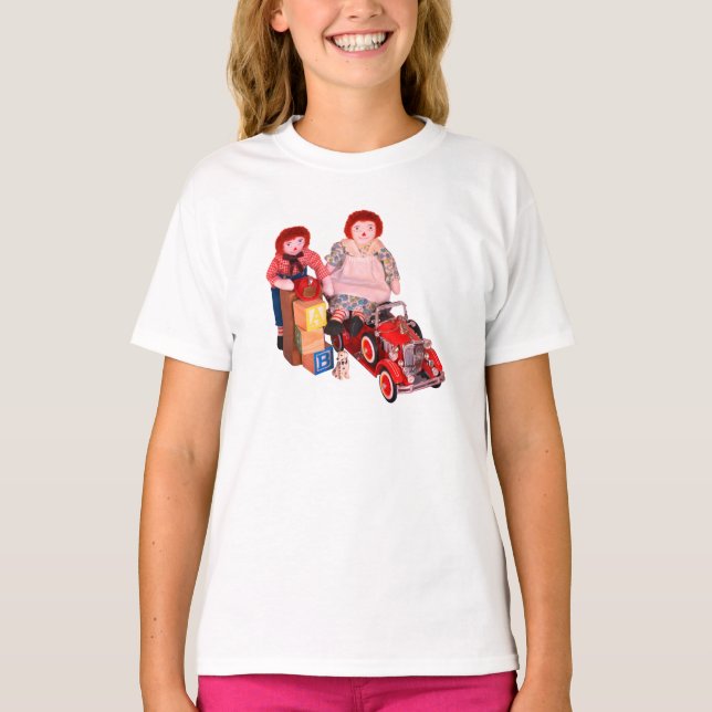 Camiseta KIDS Raggedy Ann & Andy, motor de incêndio bloquei (Frente)