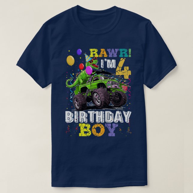 Camiseta Kids T Rex Dinosaur Monster Truck 4th Birthday Boy (Frente do Design)