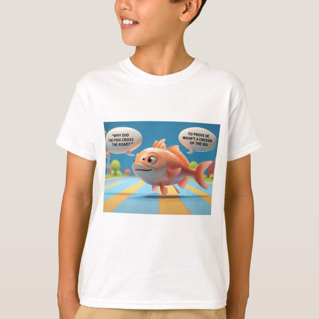 Camiseta Kids T-Shirt com Enigma Engraçado de Peixe (Frente)