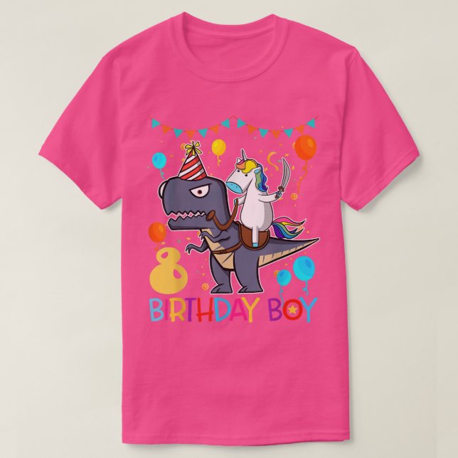 Camiseta Kids Unicorn Riding Dinosaur  8 Years Old Birthday (Frente do Design)