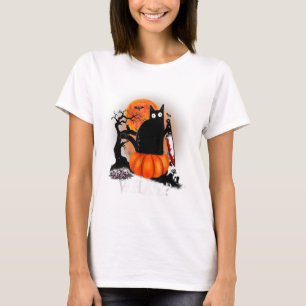 Camiseta Killer Halloween Scary Moon Black Cat With Knife P