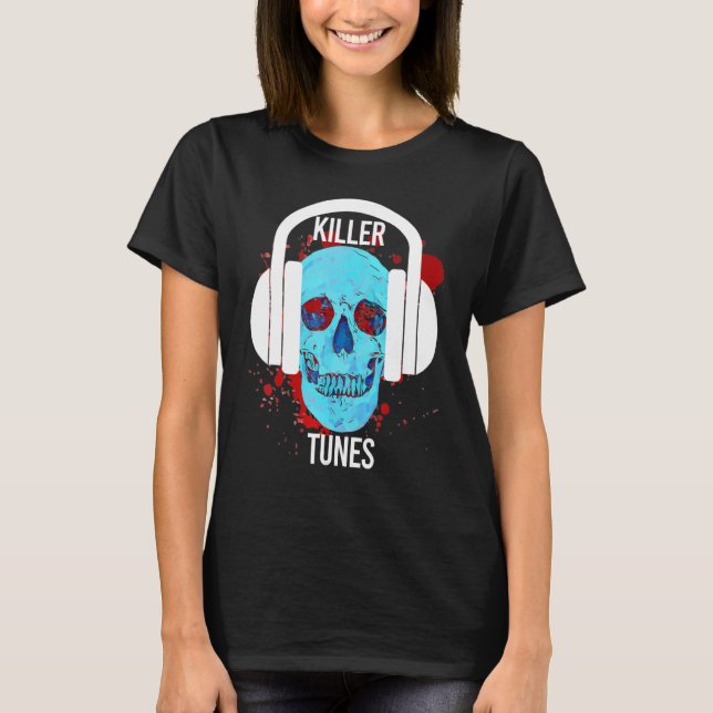 Camiseta Killer Tunes Halloween Scull Scull Blood Music Hea (Frente)