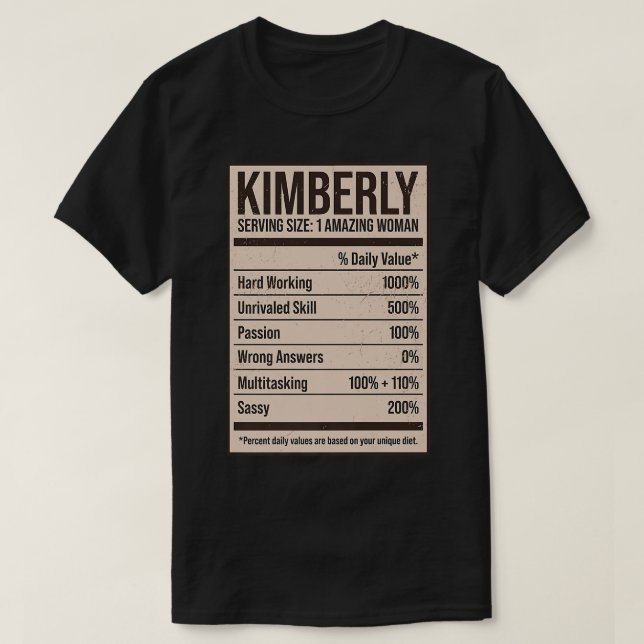 Camiseta Kimberly Nutrition Facts Name Alias Title (Frente do Design)
