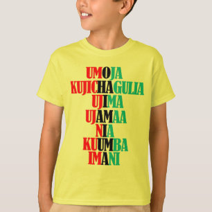 Camiseta Kinara Cores Texto Sete Princípios de Kwanzaa