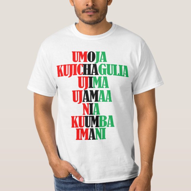 Camiseta Kinara Cores Texto Sete Princípios de Kwanzaa Swe (Frente)