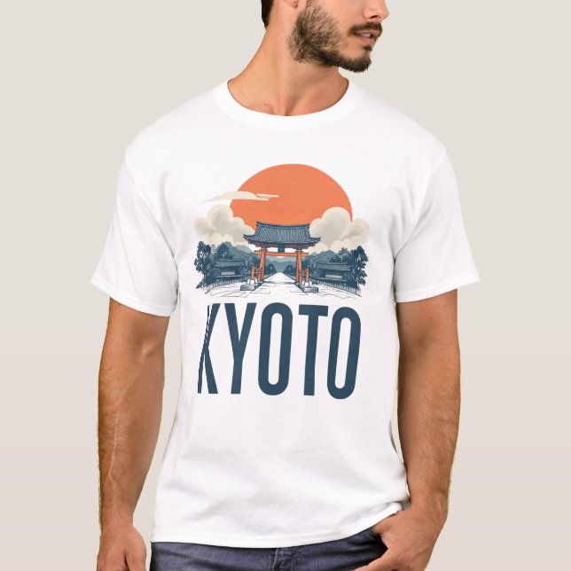 Camiseta Kioto Skyline - Vintage Japonês Torii & Sun (Frente)