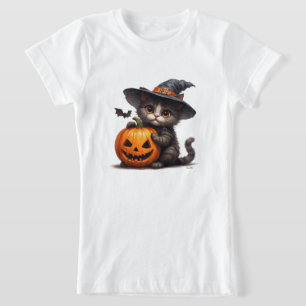 Camiseta Kit de Gatinho com Chapéu de Bruxa Adorável e Abób