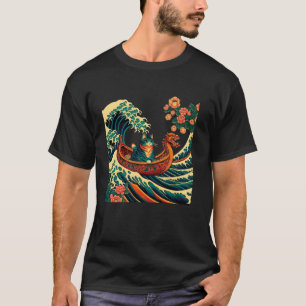 Camiseta Kit Floral Pescador Amante de Gatinhos Arte Japone