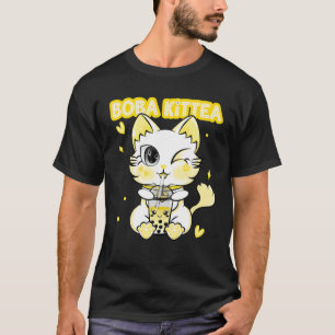 Camiseta Kit-Tea Boba Cat Bebendo Boba Kitten Kawaii Japão