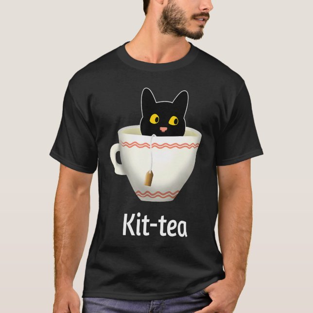 Camiseta Kit Tea  Cat  , Cute Black Cat Kitty in Kittea (Frente)
