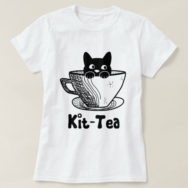 Camiseta Kit Tea Funny Kitty Gato Lover Pun Gato Preto Cint (Frente do Design)