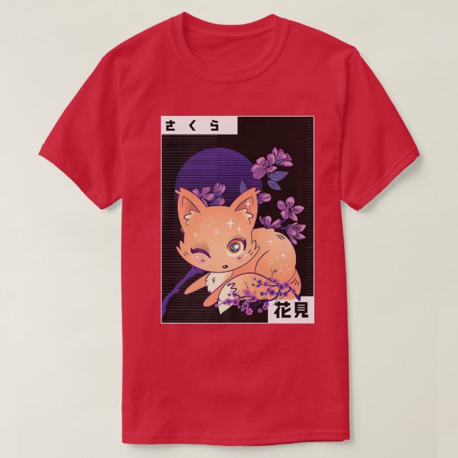 Camiseta Kitsune Fo Kanji Hanami Cherry Flower Japonês (Frente do Design)