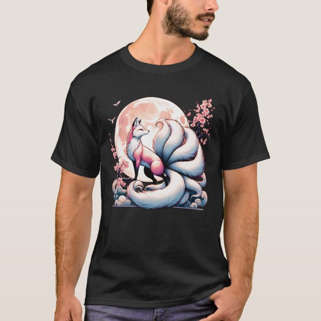 Camiseta Kitsune Fox Cherry Blossom Flores Japonês Nove (Frente)