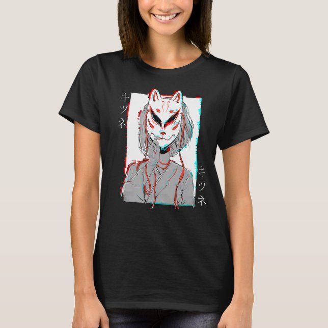 Camiseta Kitsune Fox Mask Vaporwave Glitch Japão Style (Frente)