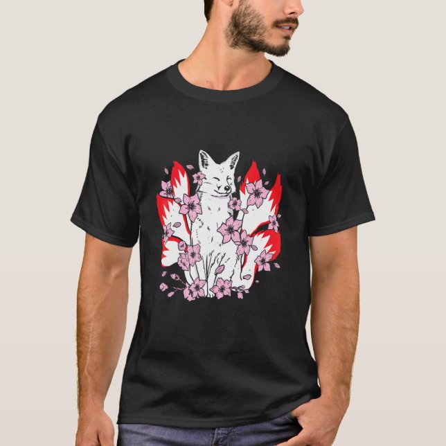 Camiseta Kitsune fox with japanese kitsune and cherry bloss (Frente)