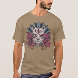 Camiseta Kitsune Máscara Japonês Nove à Medida do Fo e Flor