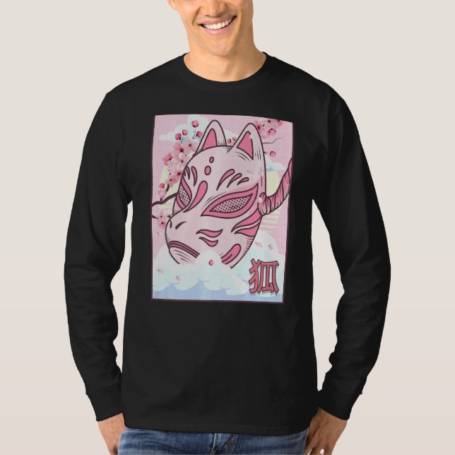 Camiseta Kitsune Mask Japonês Aestético Fox Mask Cherry Bl (Frente)