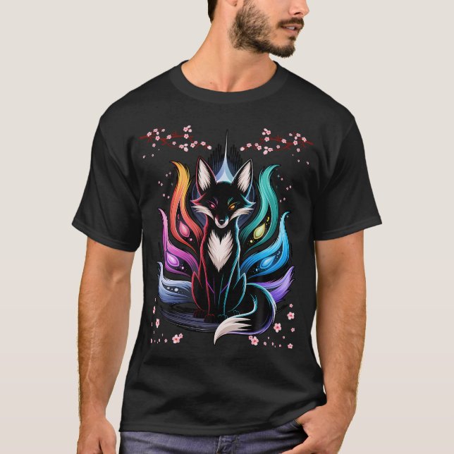 Camiseta Kitsune Raposa Japonesa Sete Elementos Flor de Cer (Frente)