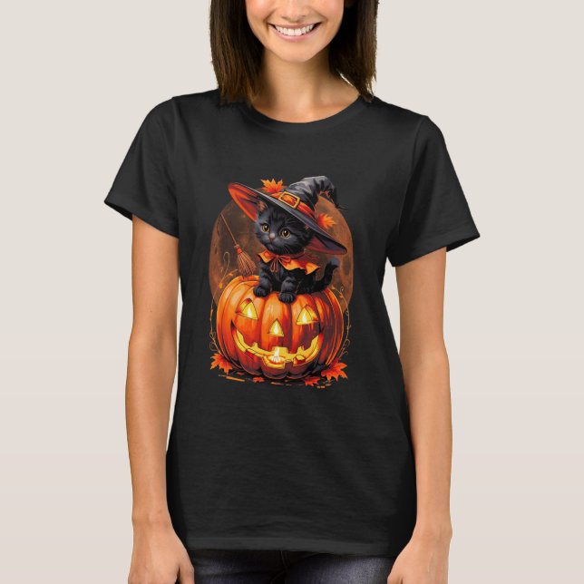 Camiseta Kitten Cat Halloween Witch Costume Jack O Lantern  (Frente)