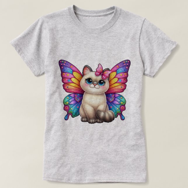 Camiseta Kitten com Asas Borboleta Vibrantes (Frente do Design)