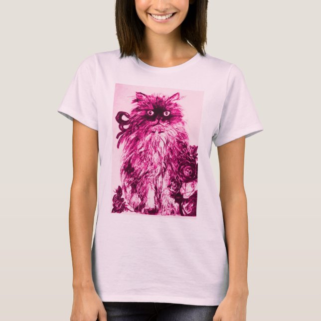 Camiseta KITTEN COM ROSAS, T-Shirt Branca de Fúchsia Rosa (Frente)