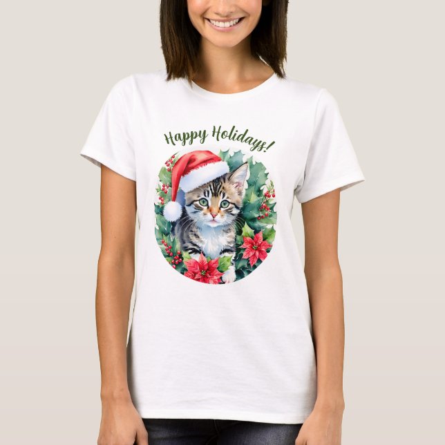 Camiseta Kitten Em Santa Hat Feliz Férias Arte De Natal (Frente)