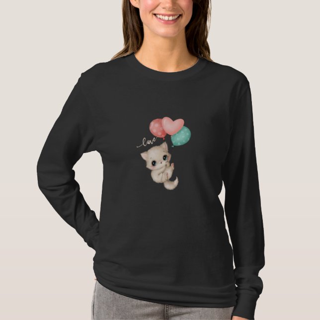 Camiseta Kitten Flutuante com Balões Jogando Felin Voador (Frente)