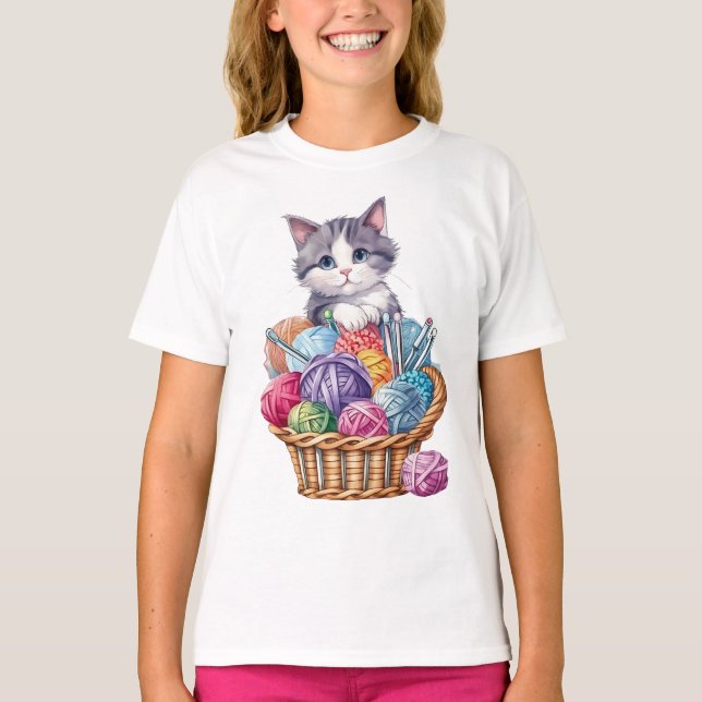 Camiseta Kitten na cesta de tricô da lã (Frente)