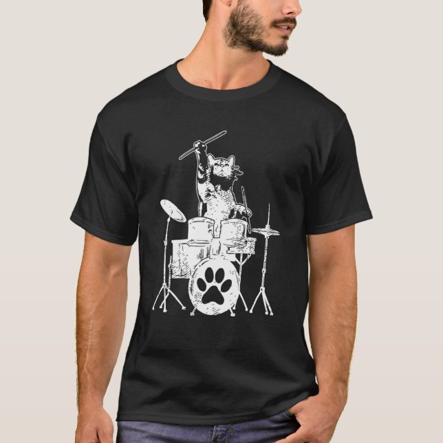 Camiseta Kitten Rockstar Cat Jogando Drummer (Frente)