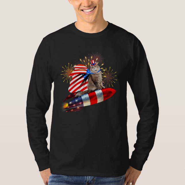 Camiseta Kitty Cat 4th Of July Rocket With Fireworks USA Pa (Frente)