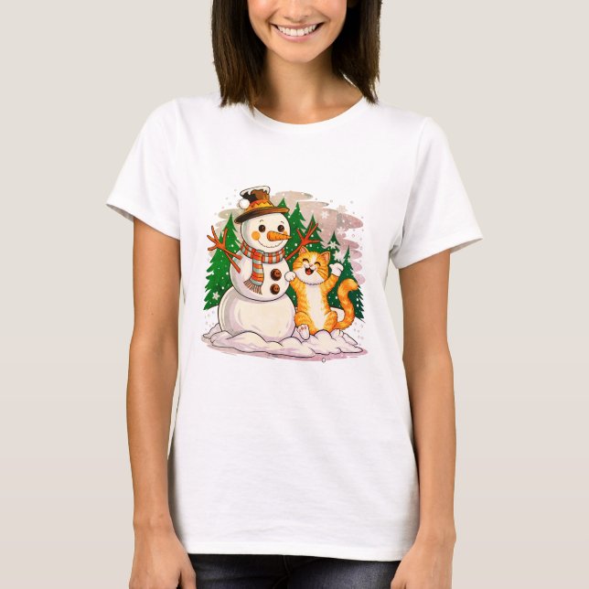 Camiseta Kitty Cat e Snowman Amigos para os Pássaros de inv (Frente)