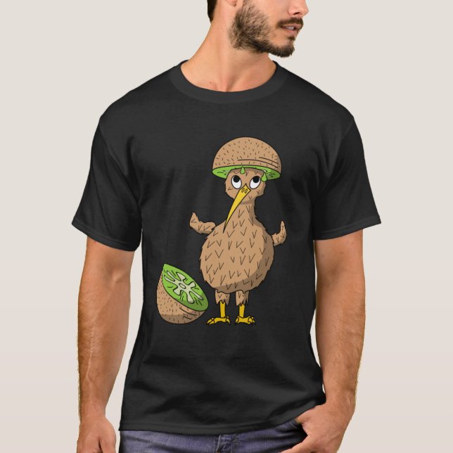 Camiseta Kiwi Bird com Fruta de Kiwi como chapéu (Frente)