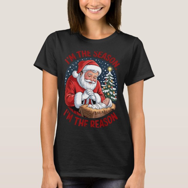Camiseta Kneeling Santa Baby Jesus Christmas I'm Season Rea (Frente)