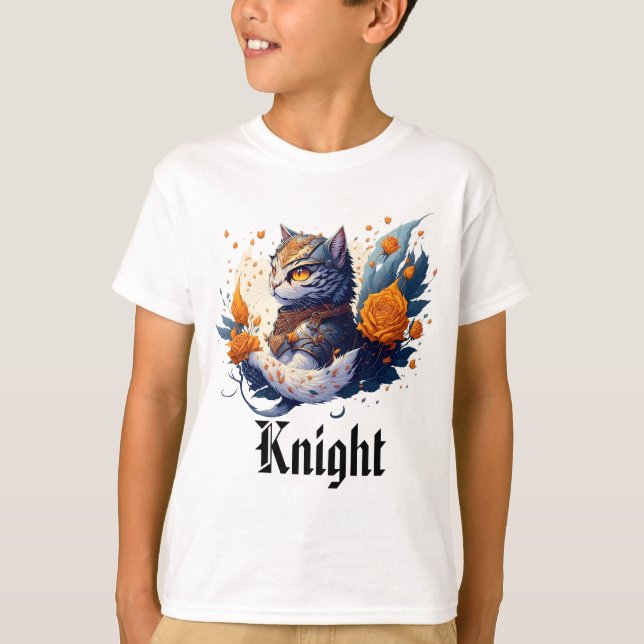 Camiseta Knight Cat Heroic Warrior e crianças rosas (Frente)