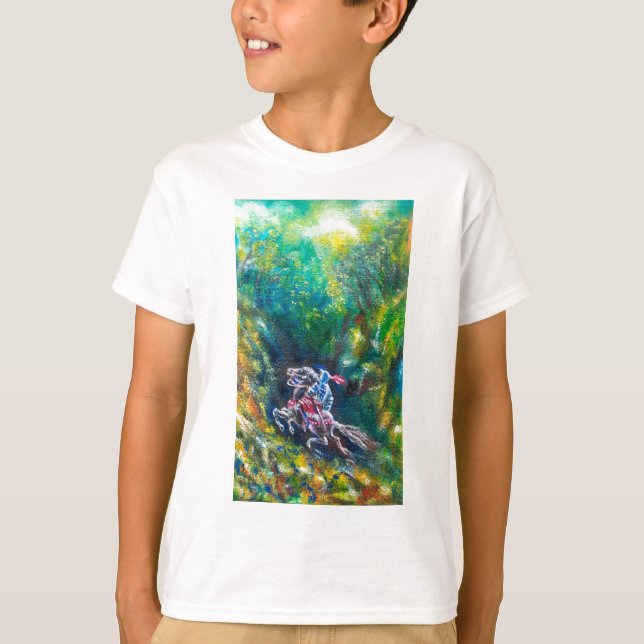CAMISETA KNIGHT LANCELOT, HORSE ANDANDO NA FLORESTA VERDE (Frente)