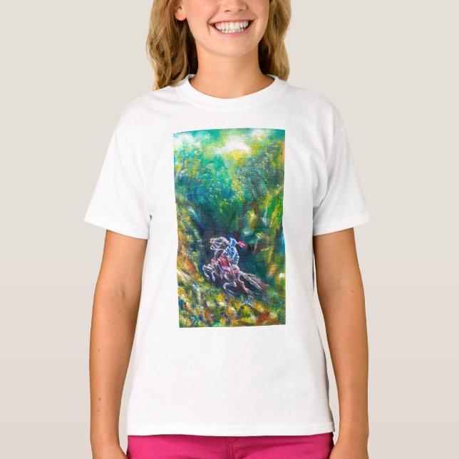 CAMISETA KNIGHT LANCELOT, HORSE ANDANDO NA FLORESTA VERDE (Frente)