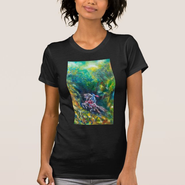 CAMISETA KNIGHT LANCELOT, HORSE ANDANDO NA FLORESTA VERDE (Frente)
