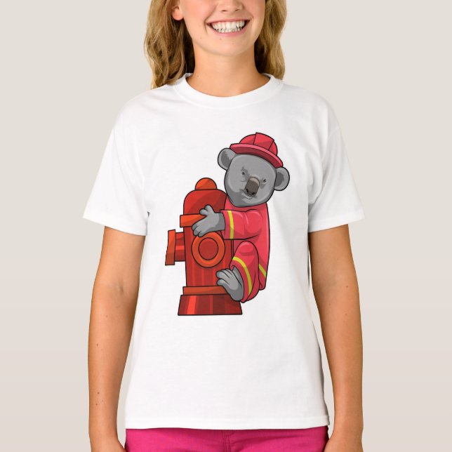 Camiseta Koala como Bombeiro com Hidrante de Fogo (Frente)